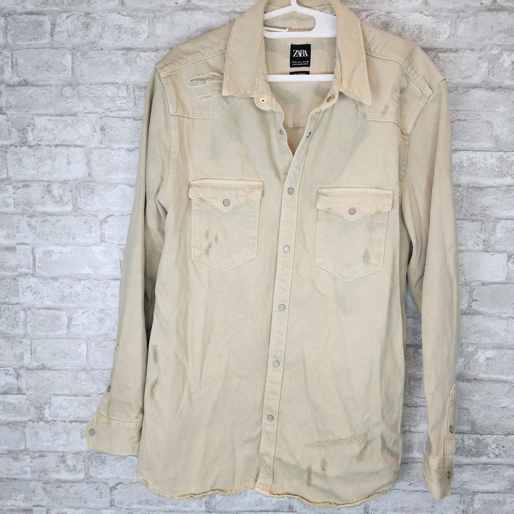 Zara Man Denim Utility Jacket Distressed Tan Cotton Western Relaxed Fit Large